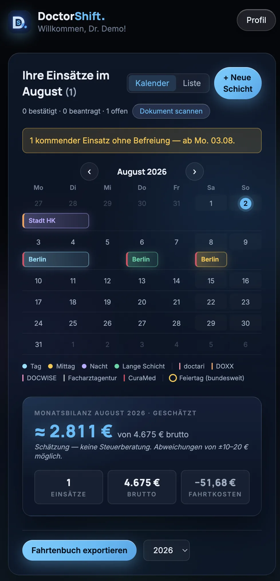 DoctorShift – Kalender und Monatsbilanz (Demo-Daten)